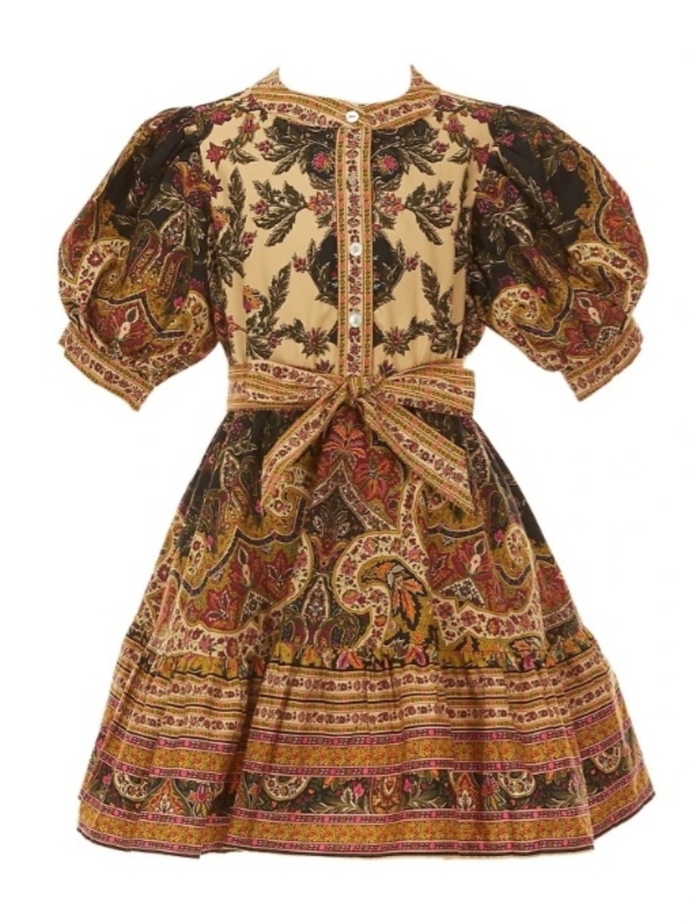 A Loves A Paisley Print Puff-Sleeve Dress in Beige & Brown 100% Cotton Fall EUC